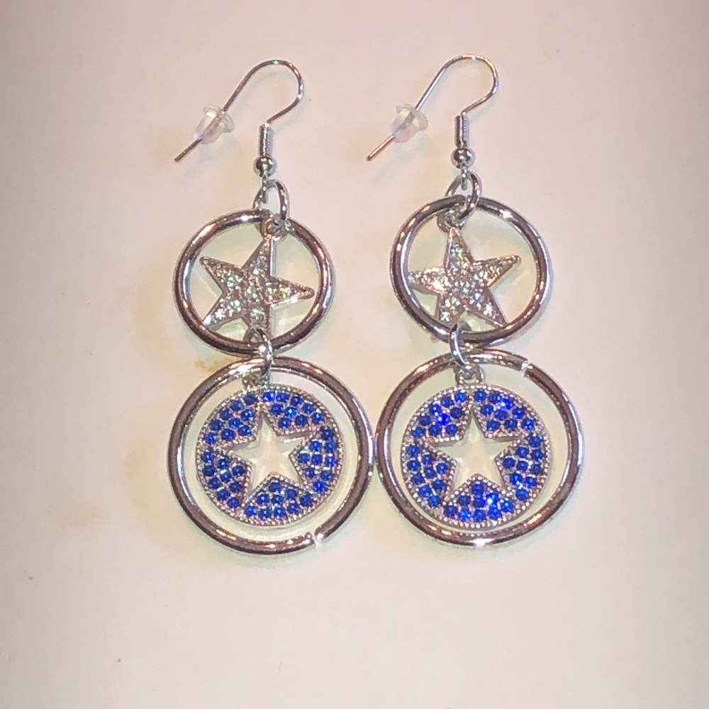 Silver Tone Star Drop Earrings with Blue Crystal Accents